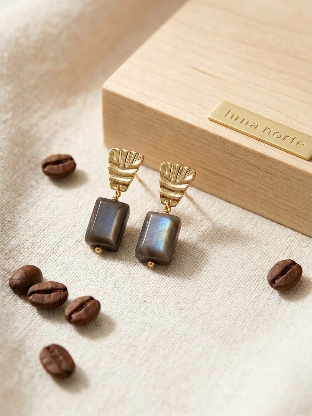 Luna Norte Gold and Rectangular Coffee MoonStone Drop Earrings